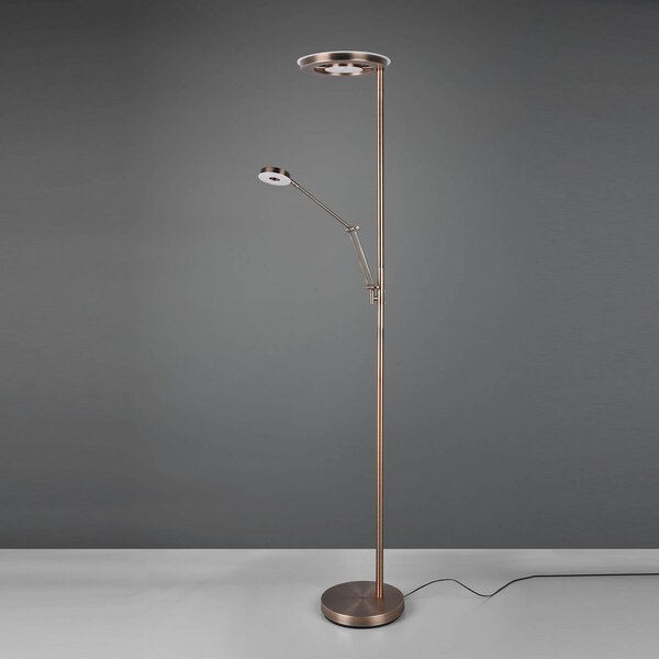 Trio Lighting LED stojacia lampa osvetľujúca strop Barrie s lampou na citanie v starom, Hnedá / staromosadz, Obývacia izba / jedáleň, kov, Moderný, Zemné bodové svetlo