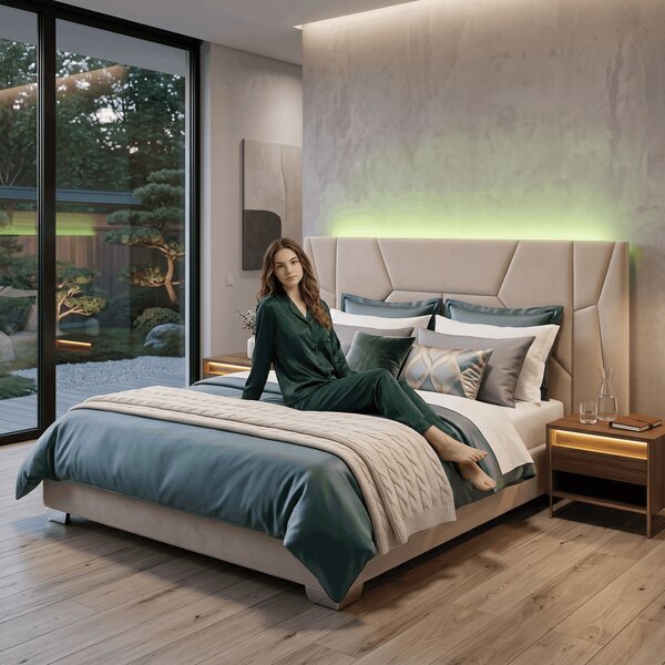 KONDELA Posteľ s roštom a LED osvetlením, 160x200, béžová Velvet látka, ALTESA