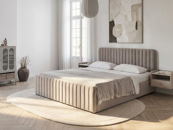 Posteľ s úložným priestorom sivobéžová látkové čalúnenie 180 x 200 cm prešívané čelo lamelový rošt moderný dizajn spálňa