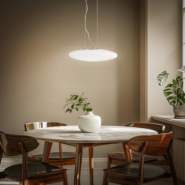 Lindby LED závesné svietidlo Gunda, biele, sklo, Ø 47 cm, stmievateľné, Biela / opálová, Obývacia izba / jedáleň, Sklo, Moderný, Závesné svietidlo