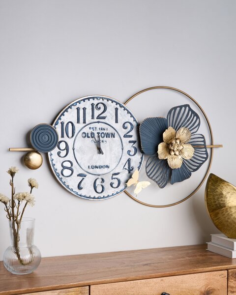 Nástenné hodiny modrá železný rám 90 x 49 cm s arabskými číslicami vintage retro štýl doplnky dekorácie