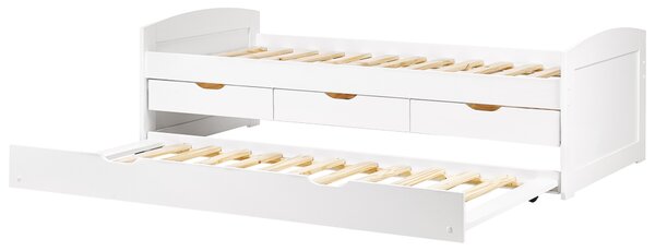 Rozkladacia posteľ biela borovicové drevo 90 x 200 cm s výsuvným lôžkom úložný priestor zásuvky detská izba spálňa