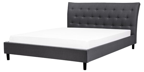 Posteľ tmavosivá látkové čalúnenie 160 x 200 cm prešívané čelo s gombíkmi v štýle Chesterfield lamelový rošt drevené nohy moderný štýl spálňa