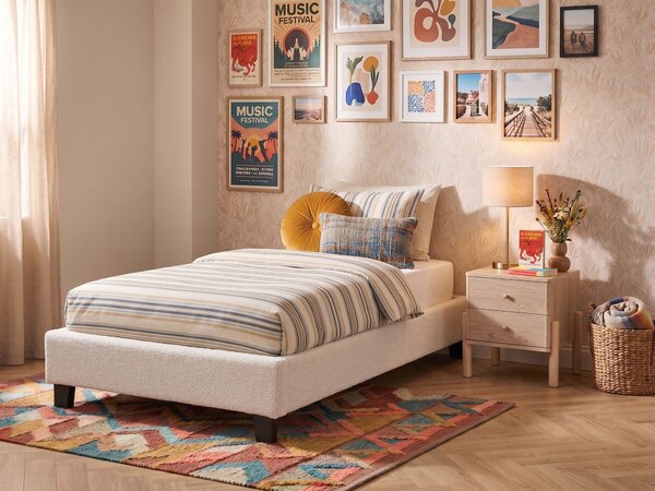 Posteľ čalúnená svetlobéžová buklé 90 x 200 cm rám postele s roštom bez čela spálňa moderný minimalistický štýl