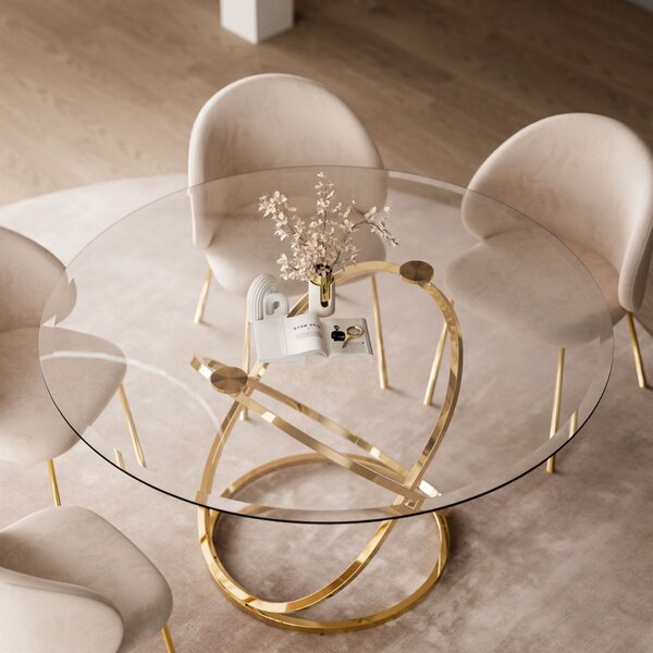 JEDÁLENSKÝ SET STÔL LEONE ZLATÝ LESK + SKLO + 4 x STOLIČKA