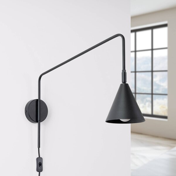 SOLLUX LIGHTING Nástenné svetlo LYS, čierne, Ø 14 cm, kov, zástrčka, E14, Čierna, Obývacia izba / jedáleň, kov, Škandinávsky, Nástenné svietidlo