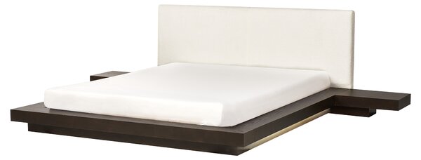 Posteľ v japonskom štýle tmavý jaseň 160 x 200 cm nízky drevený rám postele z MDF buklé čelo nočné stolíky LED osvetlenie
