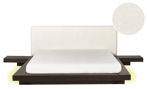 Posteľ v japonskom štýle tmavý jaseň 160 x 200 cm nízky drevený rám postele z MDF buklé čelo nočné stolíky LED osvetlenie