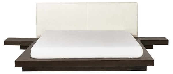 Posteľ v japonskom štýle tmavý jaseň 160 x 200 cm nízky drevený rám postele z MDF buklé čelo nočné stolíky