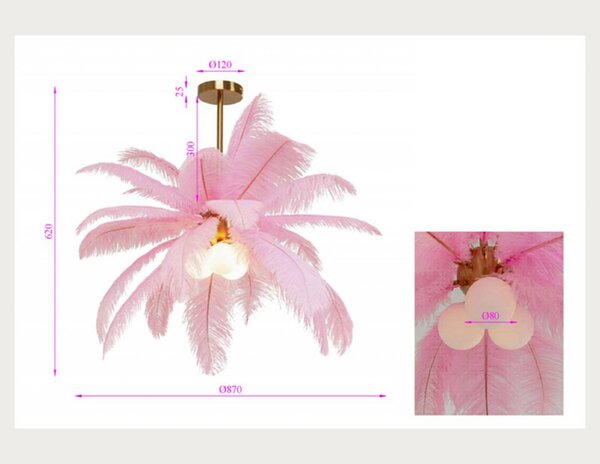 Kare závesné svietidlo Feather Palm, ružové, pierka, Ø 87 cm, G9, Fialová / ružová, Obývacia izba / jedáleň, Dizajn, Závesné svietidlo