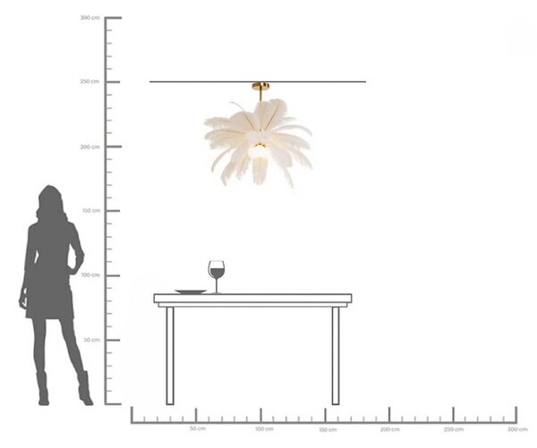 KARE závesné svietidlo Feather Palm, biele, perie, Ø 87 cm, G9, Biela / opálová, Obývacia izba / jedáleň, Dizajn, Závesné svietidlo