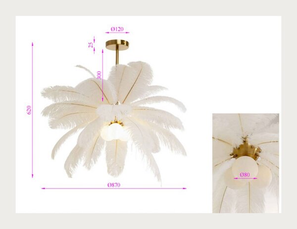 KARE závesné svietidlo Feather Palm, biele, perie, Ø 87 cm, G9, Biela / opálová, Obývacia izba / jedáleň, Dizajn, Závesné svietidlo
