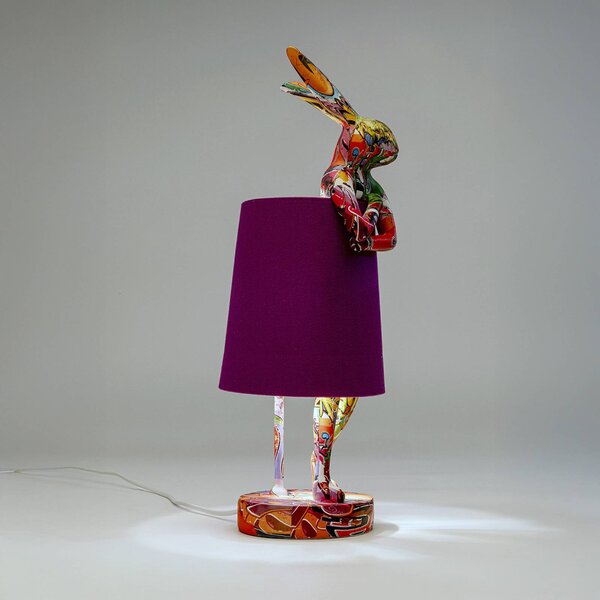 Kare stolová lampa Animal Rabbit, fialová/graffiti, 50 cm, E14, Fialová / ružová, Obývacia izba / jedáleň, Textil / látka / hodváb, Dizajn, Stojacie svietidlo