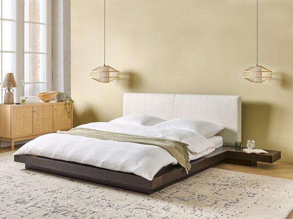 Posteľ v japonskom štýle tmavý jaseň 160 x 200 cm nízky drevený rám postele z MDF buklé čelo nočné stolíky