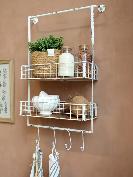 Krémová antik kovová nástenná polička s háčikmi Old Shelf - 48*18*77 cm - Chic Antique