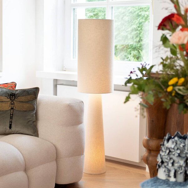 Kare stojacia lampa Marleen, béžová, ľan, 130 cm, E27, Krémová / jantárovo žltá, Obývacia izba / jedáleň, Textil / látka / hodváb, Dizajn, Stojaca lampa