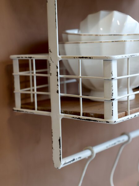 Krémová antik kovová nástenná polička s háčikmi Old Shelf - 48*18*77 cm - Chic Antique