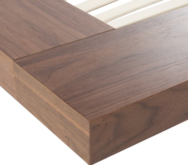 Posteľ v japonskom štýle hnedý jaseň 160 x 200 cm nízky drevený rám postele z MDF koženkové čelo LED podsvietenie nočné stolíky
