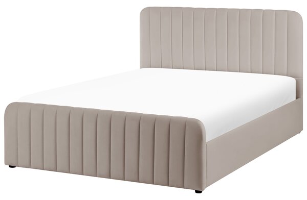 Posteľ s úložným priestorom sivobéžová látkové čalúnenie 140 x 200 cm prešívané čelo lamelový rošt moderný dizajn spálňa