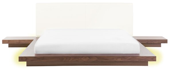 Posteľ v japonskom štýle hnedý jaseň 160 x 200 cm nízky drevený rám postele z MDF koženkové čelo LED podsvietenie nočné stolíky