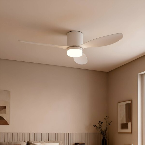 Lucande Stropný ventilátor LED Kayu, biely, DC, tichý, Ø 132 cm, Biela / opálová, Obývacia izba / jedáleň, Plast, Moderný