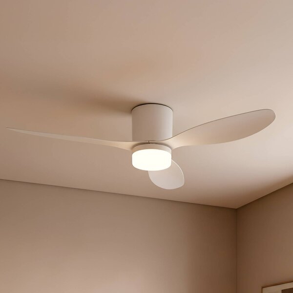 Lucande Stropný ventilátor LED Kayu, biely, DC, tichý, Ø 132 cm, Biela / opálová, Obývacia izba / jedáleň, Plast, Moderný