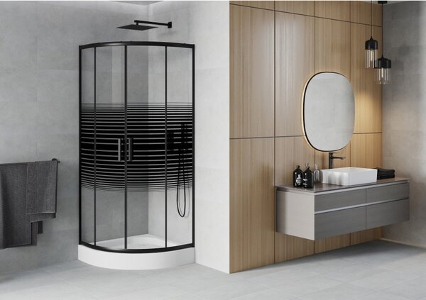 Mexen Rio polkruhový sprchovací kút 70 x 70 cm, čierne pásy, čierna + sprchová vanička, biela - 863-070-070-70-20-4710