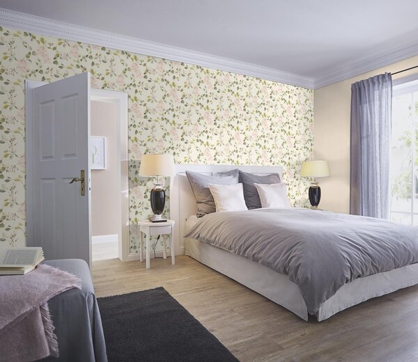 RASCH | Vliesová tapeta na stenu Peonies 582215 | 0,53 x 10,05 m | krémová, zelená, ružová
