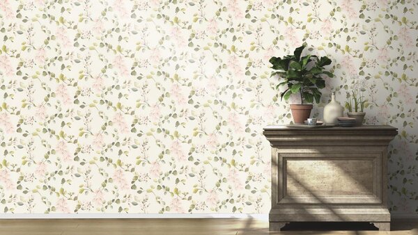 RASCH | Vliesová tapeta na stenu Peonies 582215 | 0,53 x 10,05 m | krémová, zelená, ružová