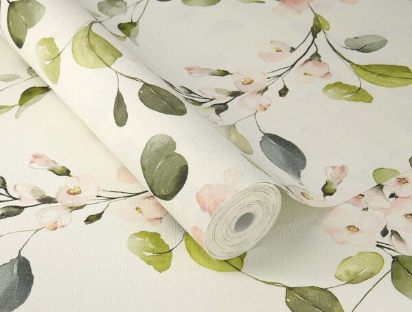 RASCH | Vliesová tapeta na stenu Peonies 582215 | 0,53 x 10,05 m | krémová, zelená, ružová