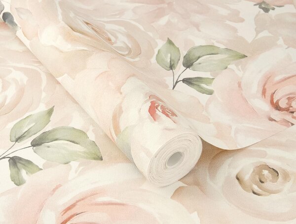RASCH | Vliesová tapeta na stenu Peonies 582314 | 0,53 x 10,05 m | ružová, marhuľová, zelená, krémová