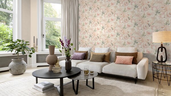 RASCH | Vliesová tapeta na stenu Peonies 582314 | 0,53 x 10,05 m | ružová, marhuľová, zelená, krémová
