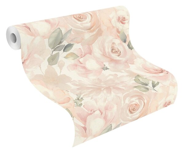 RASCH | Vliesová tapeta na stenu Peonies 582314 | 0,53 x 10,05 m | ružová, marhuľová, zelená, krémová