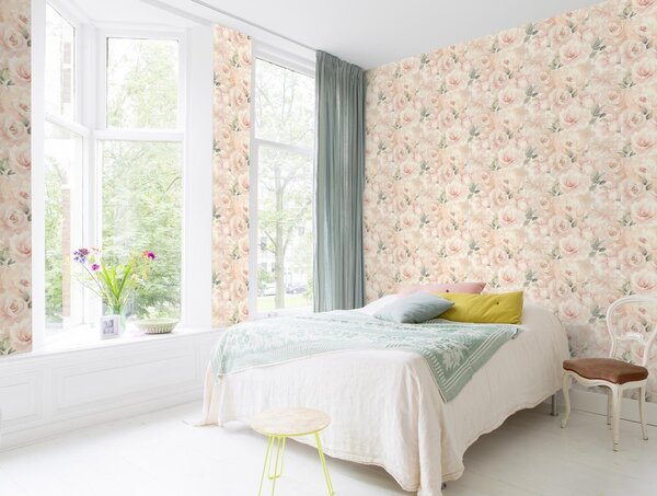 RASCH | Vliesová tapeta na stenu Peonies 582314 | 0,53 x 10,05 m | ružová, marhuľová, zelená, krémová