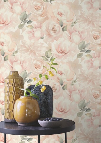 RASCH | Vliesová tapeta na stenu Peonies 582314 | 0,53 x 10,05 m | ružová, marhuľová, zelená, krémová