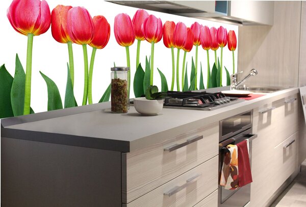 DIMEX | Fototapeta do kuchyne Tulipány KI-180-058 | 180 x 60 cm | zelená, červená