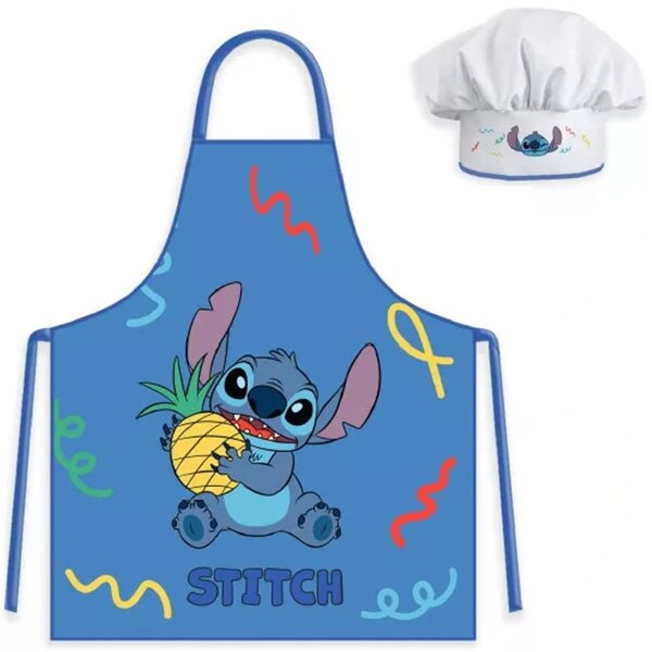 Detská zástera s kuchárskou čiapkou Stitch s ananásom – 2 diely – pre deti 3–8 rokov