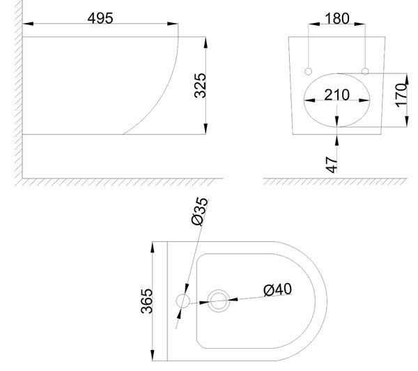Invena LIMNOS, závesný bidet 4955x365x325 mm, biela lesklá, INV-CB-93-001-L
