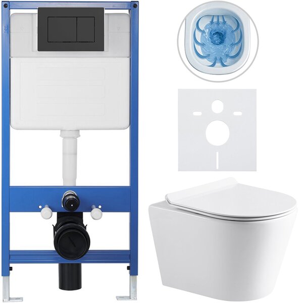 CERANO - Kompletný podomietkový WC set Lite/Norbi - biela lesklá - WC tlačidlo Classic, čierne matné - predstenová inštalácia/sadrokartón - 48,5x36,5…