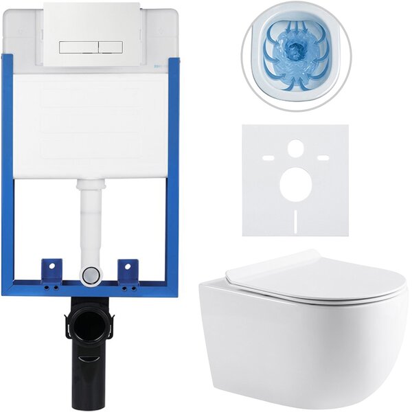 CERANO - Kompletný podomietkový WC set Lite/Felci - biela lesklá - WC tlačidlo Slim, biele - na zamurovanie - 52,5x36 cm