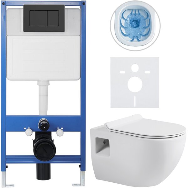 CERANO - Kompletný podomietkový WC set Lite/Dure - biela lesklá - WC tlačidlo Classic, čierne matné - predstenová inštalácia / sadrokartón - 51x35 cm