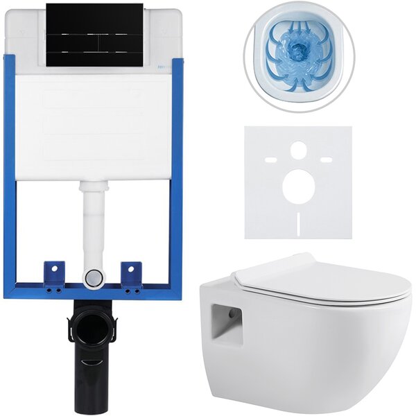CERANO - Kompletný podomietkový WC set Lite/Dure - biela lesklá - WC tlačidlo Line, čierna matná - na zamurovanie - 51x35 cm