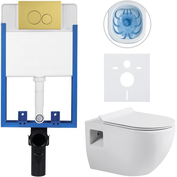 CERANO - Kompletný podomietkový WC set Lite/Dure - biela lesklá - WC tlačidlo Duo, zlatá - na zamurovanie - 51x35 cm