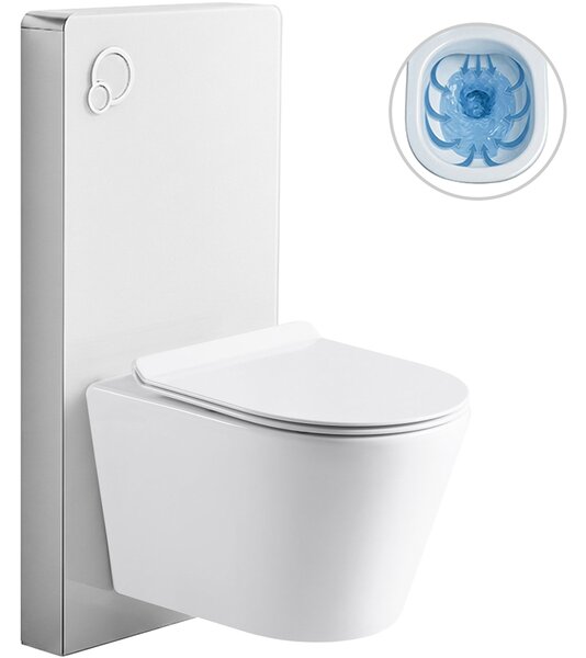 CERANO - Kompletný WC set sanitárny splach. modul - biela matná + WC závesné Norbi, Rimless + Slim/UF sedátko - biela lesklá - 48,5x36,5 cm