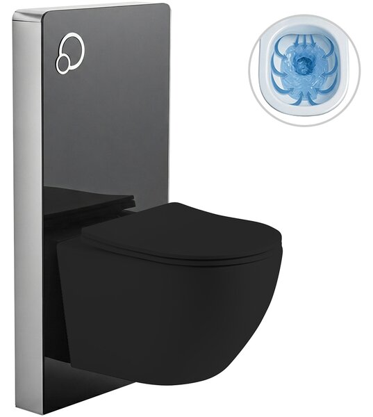 CERANO - Kompletný WC set sanitárny splach. modul - čierna matná + WC závesné Verde, Rimless + Slim/UF sedátko - čierna matná - 49x36 cm