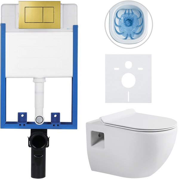 CERANO - Kompletný podomietkový WC set Lite/Dure - biela lesklá - WC tlačidlo Classic, zlatá - na zamurovanie - 51x35 cm