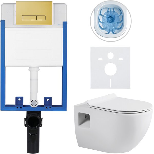 CERANO - Kompletný podomietkový WC set Lite/Dure - biela lesklá - WC tlačidlo Slim, zlatá - na zamurovanie - 51x35 cm