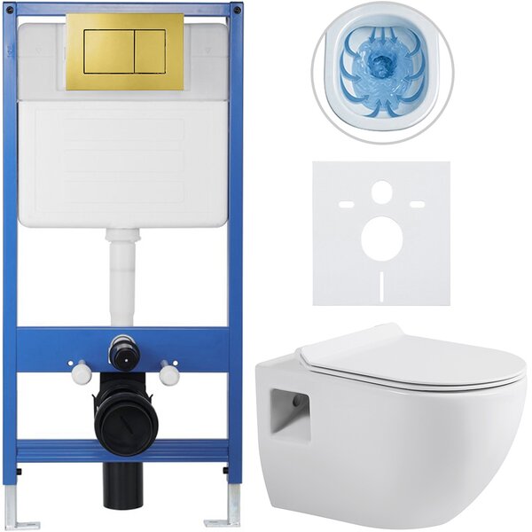 CERANO - Kompletný podomietkový WC set Lite/Dure - biela lesklá - WC tlačidlo Classic, zlatá - predstenová inštalácia / sadrokartón - 51x35 cm