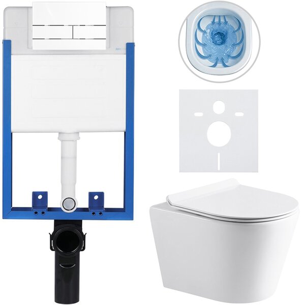 CERANO - Kompletný podomietkový WC set Lite/Norbi - biela lesklá - WC tlačidlo Line, biela - na zamurovanie - 48,5x36,5 cm
