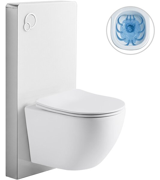 CERANO - Kompletný WC set sanitárny splach. modul - biela matná + WC závesné Verde, Rimless + Slim/UF sedátko - biela lesklá - 49x36 cm
